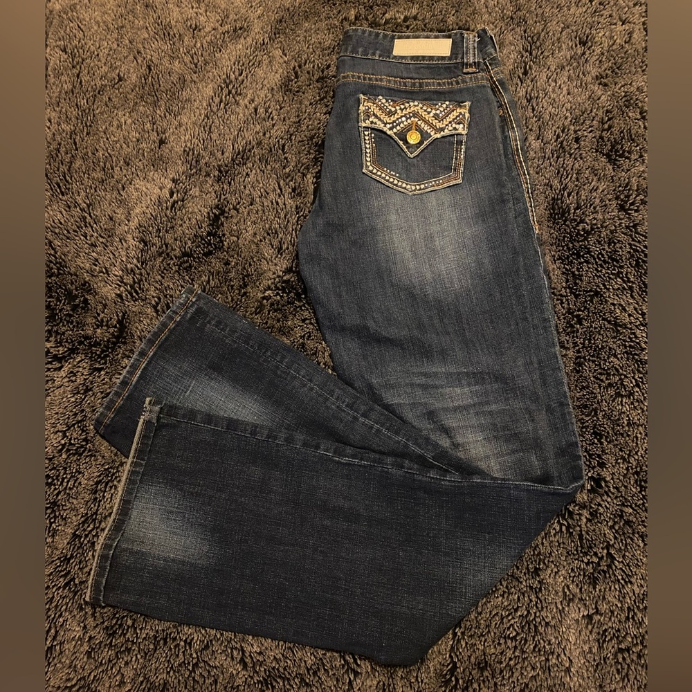 Rock & Roll Cowgirl Dark Blue Jeans with Embellished Pockets